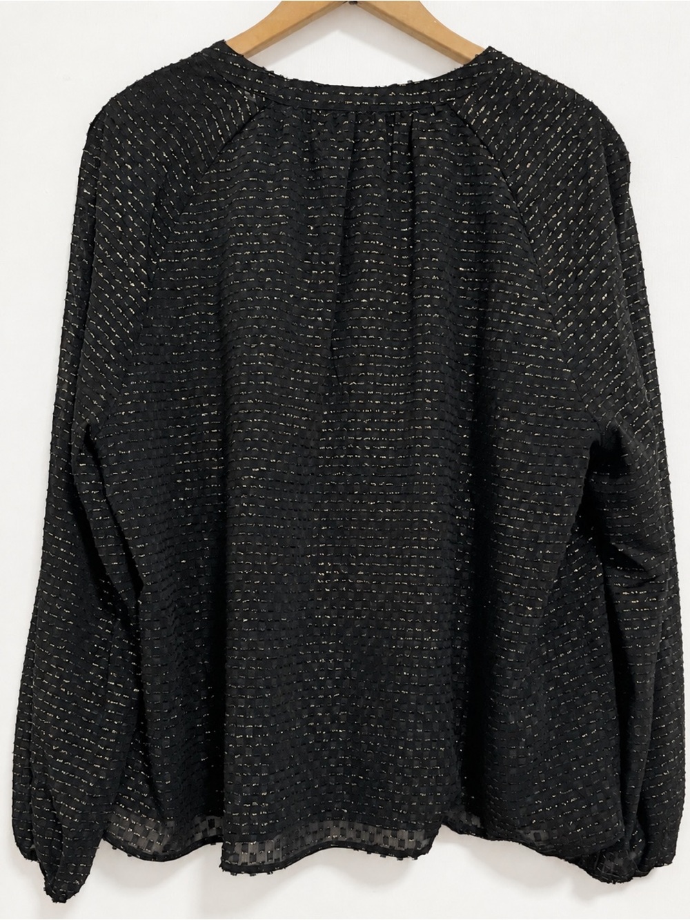Nanette Lepore Black Gold Metallic Thread Ruffle Blouse XL Sheer Sleeve Feminine - Picture 2 of 9